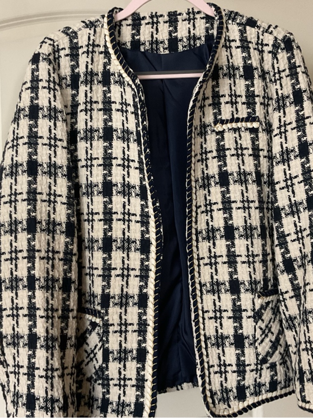 Classic Navy and White Tweed Jacket - Women's Coat